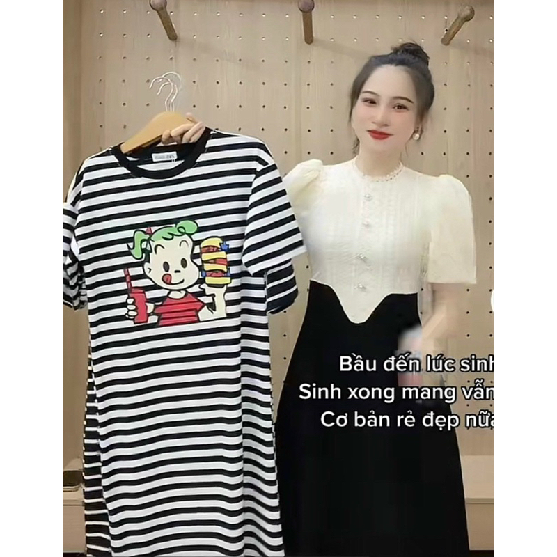 Đầm Bầu Dáng Suông Dài Kẻ Ngang Phối Hình Mã HH0288
