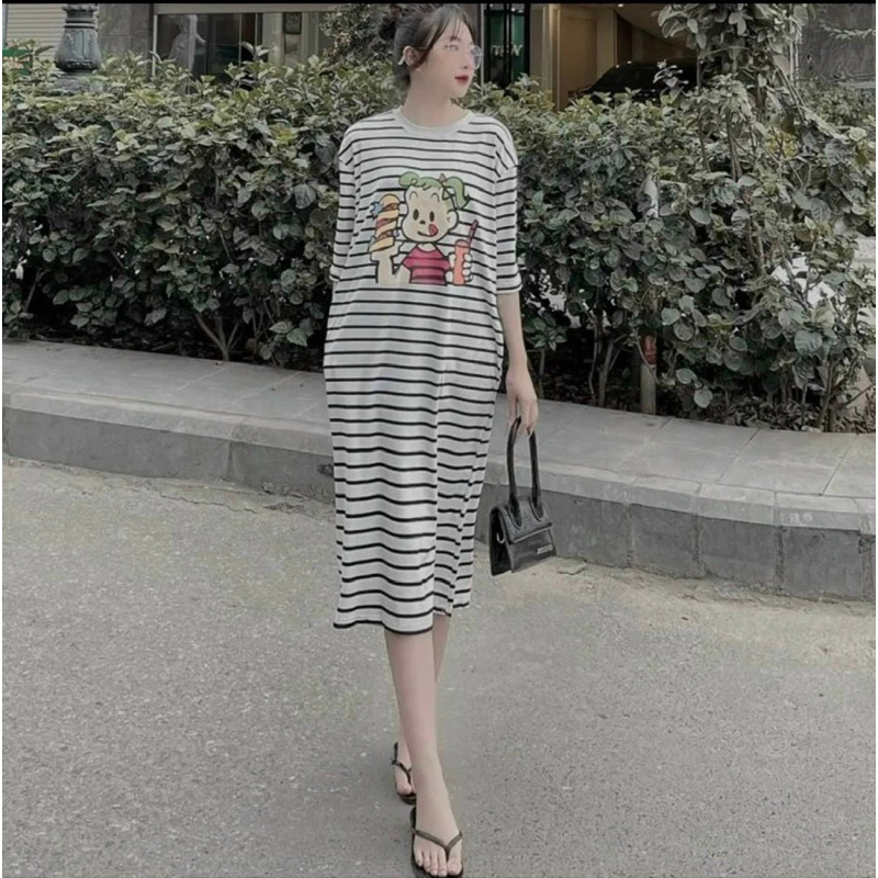 Đầm Bầu Dáng Suông Dài Kẻ Ngang Phối Hình Mã HH0288