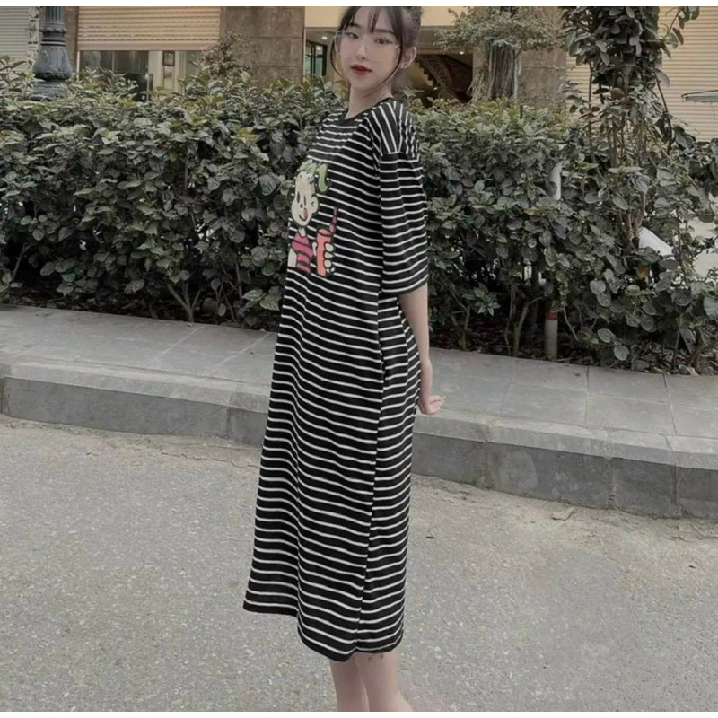 Đầm Bầu Dáng Suông Dài Kẻ Ngang Phối Hình Mã HH0288
