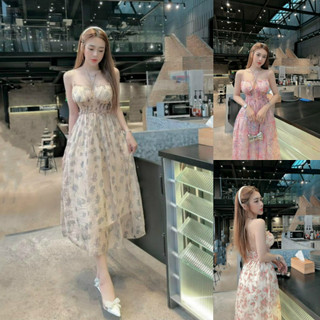 Váy đầm maxi voan hoa mocking kiểu dáng xòe dài xinh xắn (có mút)