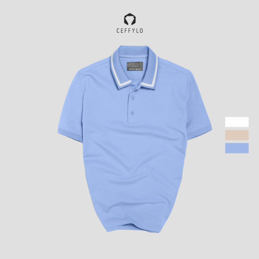 Áo Polo Cổ Phối Line, Màu Xanh da trời, Chất Liệu Cotton Thoáng Khí, Form Slimfit - CEFFYLO