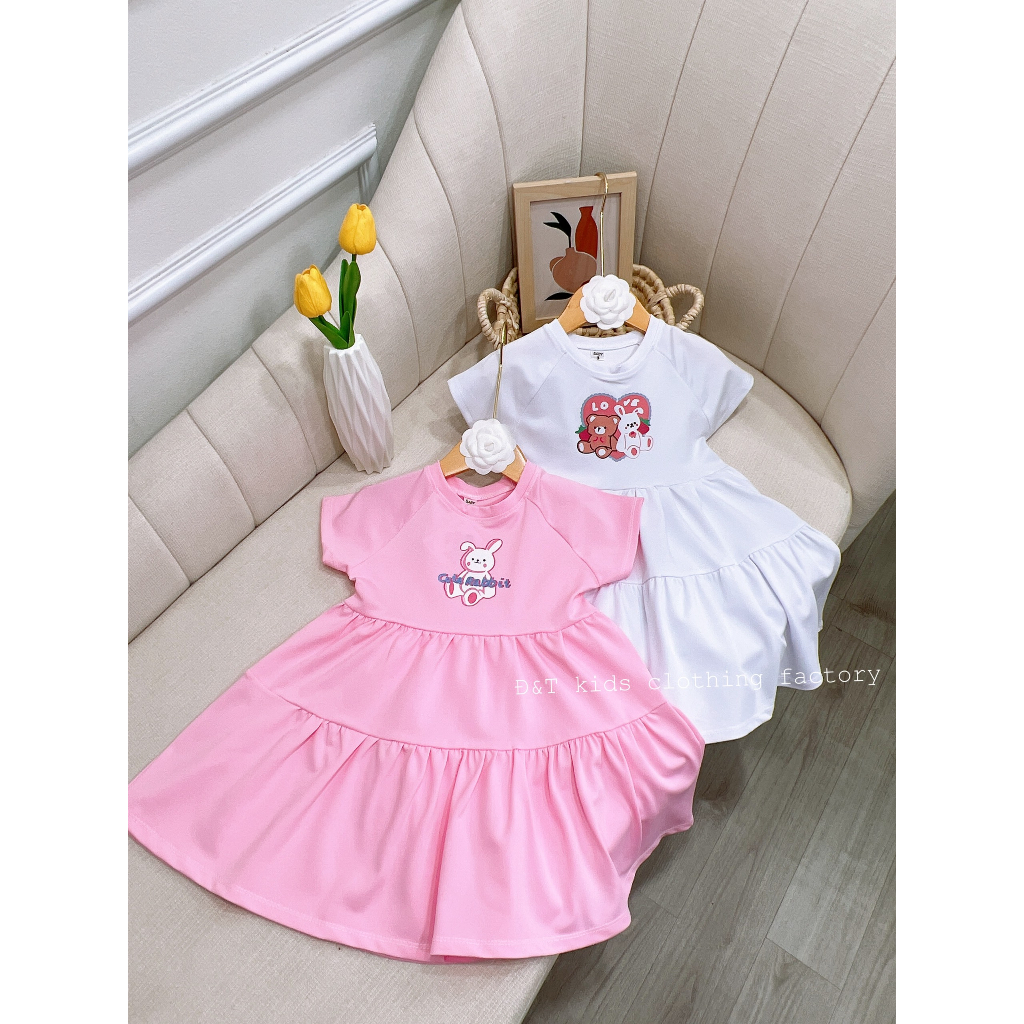Váy cho bé gái , Sét váy 2 tầng bánh bèo  cotton màu in họa tiết thỏ,gấu đáng yêu cho bé gái 10-30kg