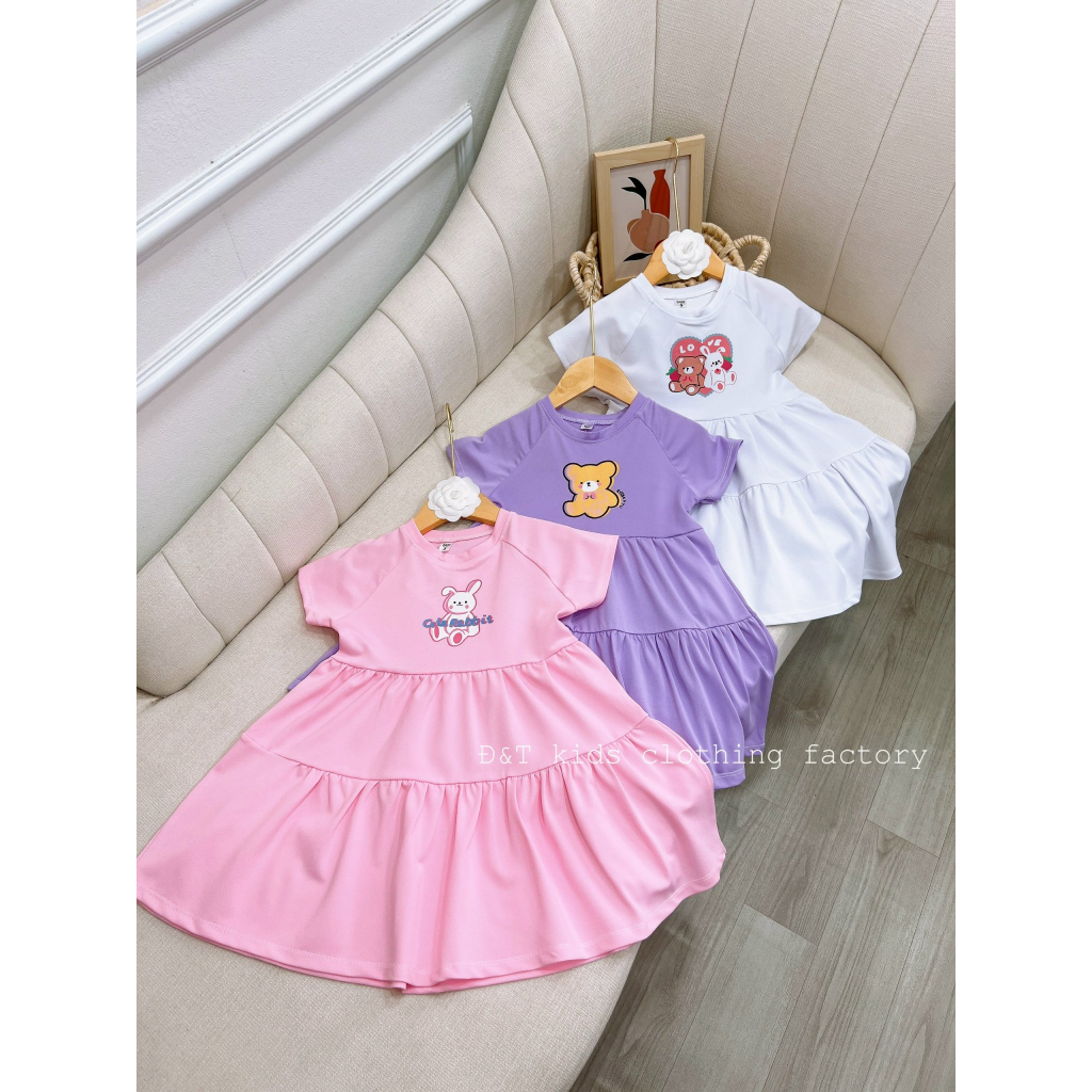 Váy cho bé gái , Sét váy 2 tầng bánh bèo  cotton màu in họa tiết thỏ,gấu đáng yêu cho bé gái 10-30kg