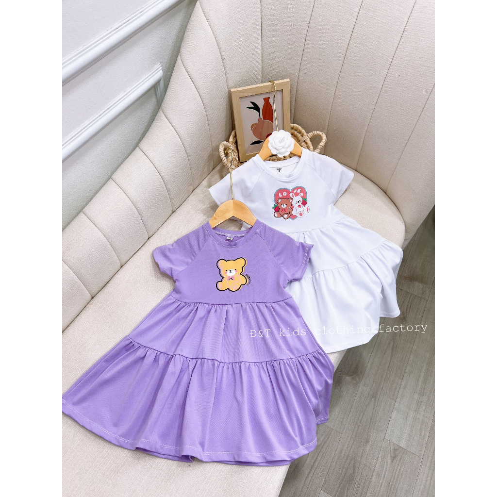 Váy cho bé gái , Sét váy 2 tầng bánh bèo  cotton màu in họa tiết thỏ,gấu đáng yêu cho bé gái 10-30kg