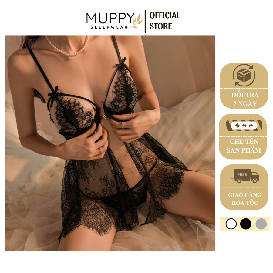 Set Váy Ngủ Ren MUPPY Kèm Quần Chip Hở Đáy Xuyên Thấu Sexy Quyến Rũ