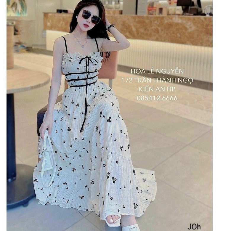 Đầm hai dây maxi xòe dài kèm dây nơ viền xinh xắn đáng yêu phù hợp đi biển