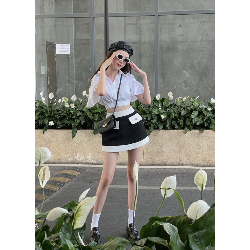 Set váy nữ trẻ trung áo sơ mi croptop mix chân váy dạ phối viền