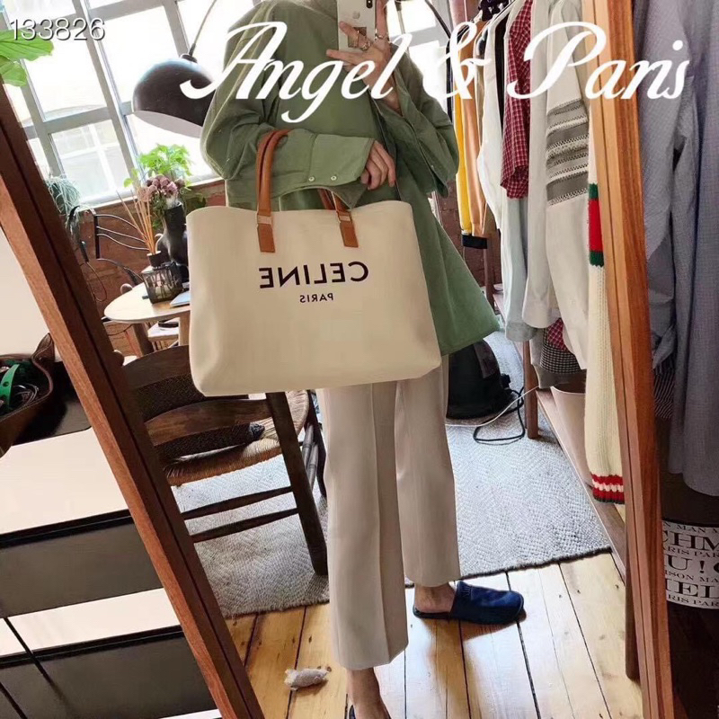 VINTAGE-Túi tote canvas  Celinie Cabas tote bag--canvas kem phối quai nâu sang trọng