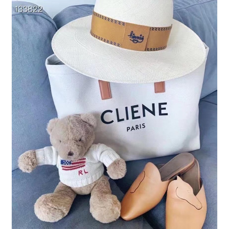 VINTAGE-Túi tote canvas  Celinie Cabas tote bag--canvas kem phối quai nâu sang trọng