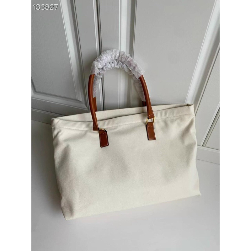VINTAGE-Túi tote canvas  Celinie Cabas tote bag--canvas kem phối quai nâu sang trọng