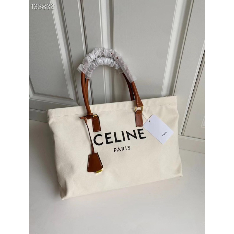 VINTAGE-Túi tote canvas  Celinie Cabas tote bag--canvas kem phối quai nâu sang trọng