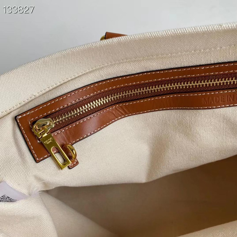 VINTAGE-Túi tote canvas  Celinie Cabas tote bag--canvas kem phối quai nâu sang trọng