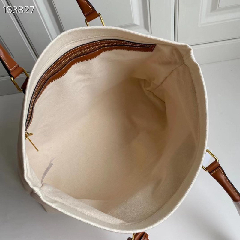 VINTAGE-Túi tote canvas  Celinie Cabas tote bag--canvas kem phối quai nâu sang trọng