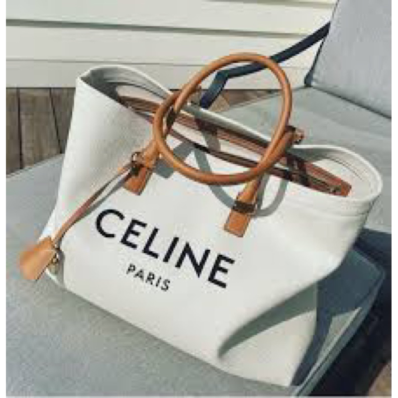 VINTAGE-Túi tote canvas  Celinie Cabas tote bag--canvas kem phối quai nâu sang trọng