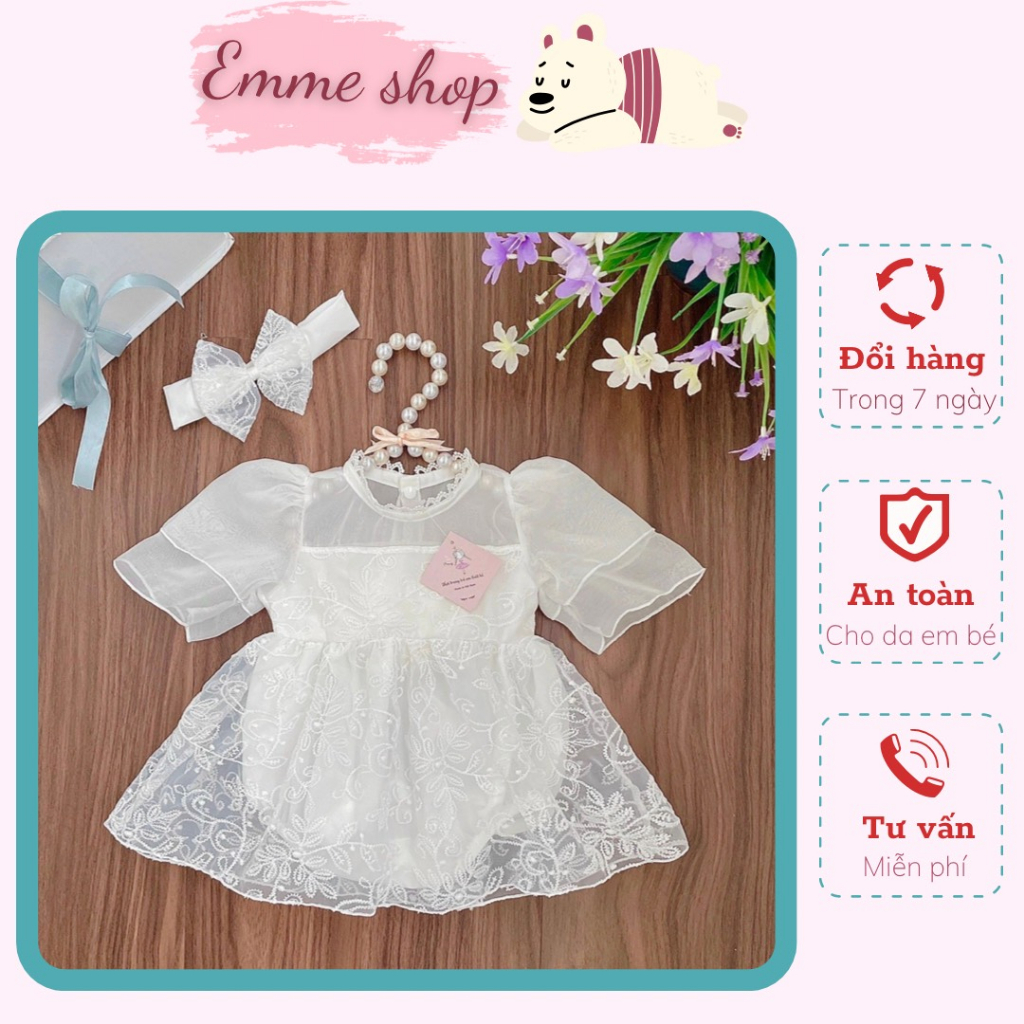 Váy body cho bé gái chất vải lụa phối ren mềm , không dặm ngứa tặng kèm turban , 4-10kg hàng thiết kế cao cấp