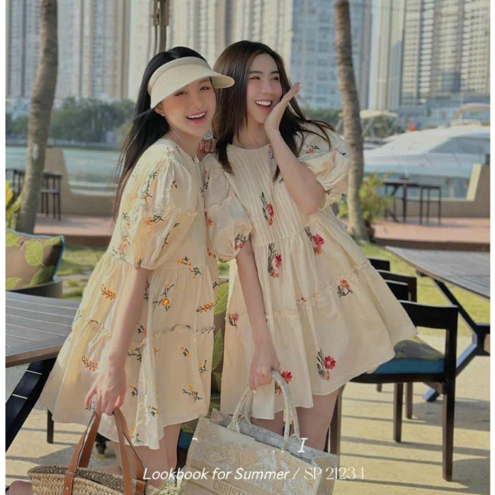 Đầm baby doll tay phồng dập ly ngực chất for in hoa xinh xắn cho nàng đi chơi và dạo phố