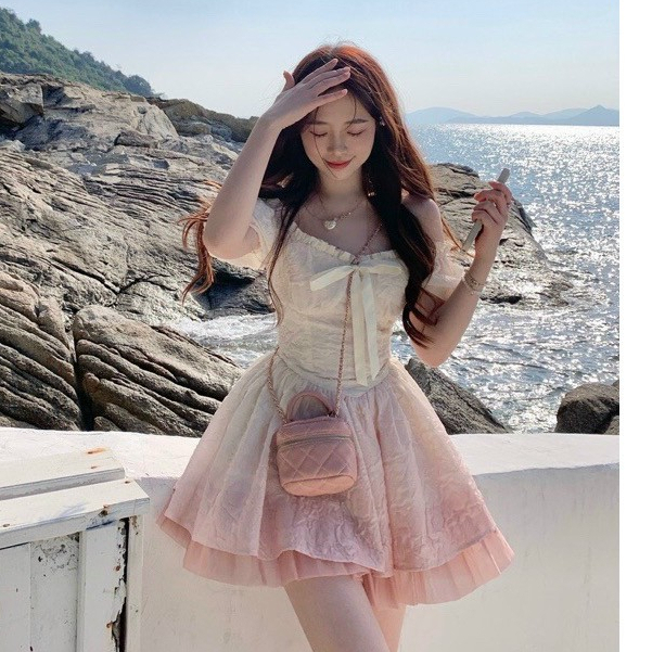 Đầm gấm loang phối tơ cổ bèo cột nơ dáng xèo duyên dáng, đáng yêu [919]