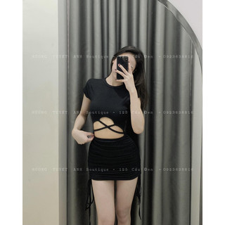Đầm Gân Tay Ngắn Hở Eo Cột Dây Cá Tính D206