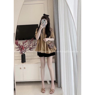 Sét áo somi tơ xước viêng bèo cổ tàu mix quần sooc bồng giả váy .