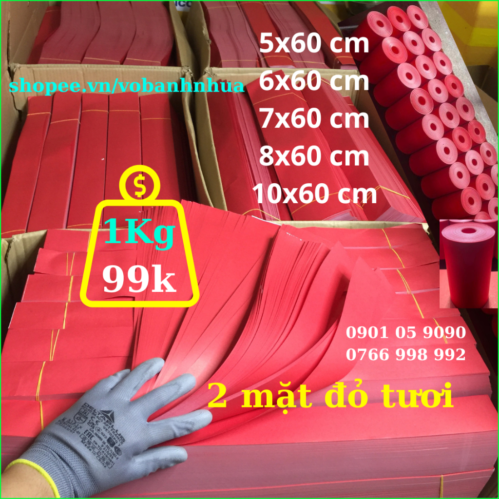 1Kg Giấy đỏ tươi 2 mặt cắt sẵn 5x60,6x60,7x60,8x60,10x60cm nhập Indo cao cấp ~100gsm, quấn cuộn lõi chơi Tết