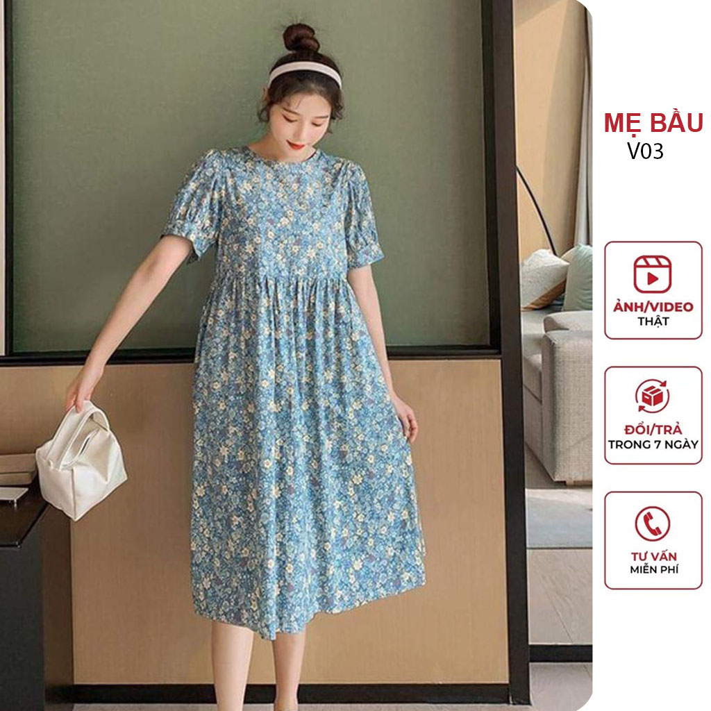 ĐẦM VÁY BẦU CÔNG SỞ MÙA HÈ DÁNG TIỂU THƯ PHỐI HOA NHÍ ĐẸP - ĐẦM BẦU BABYDOLL TRẺ TRUNG THANH LỊCH FREESIZE