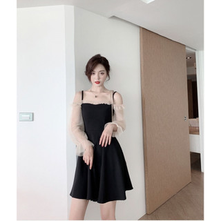 váy thân đen xòe tay bồng ren công chúa