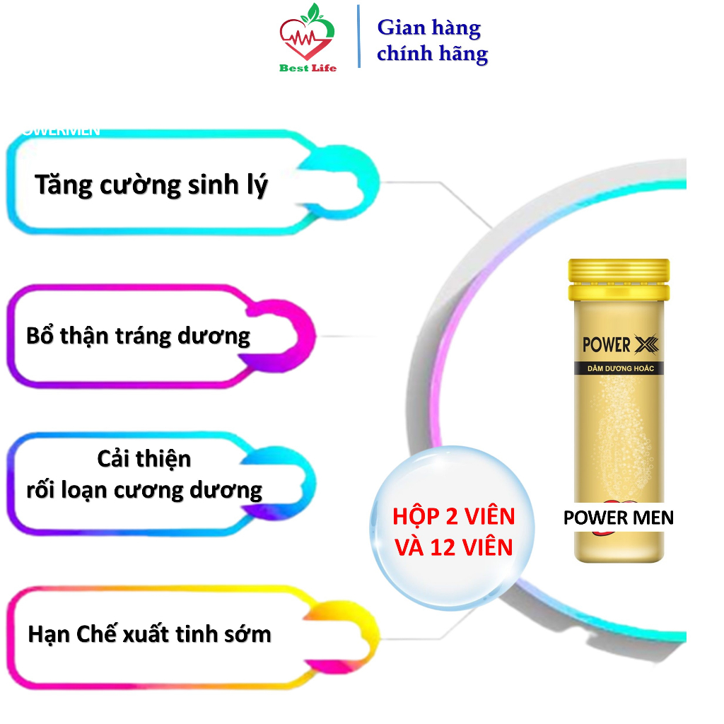 Viên sủi Powermen Power X tăng cường sinh lý bổ thận tráng dương kéo dài thời gian hạn chế xuất tinh sớm tuýp 12 viên