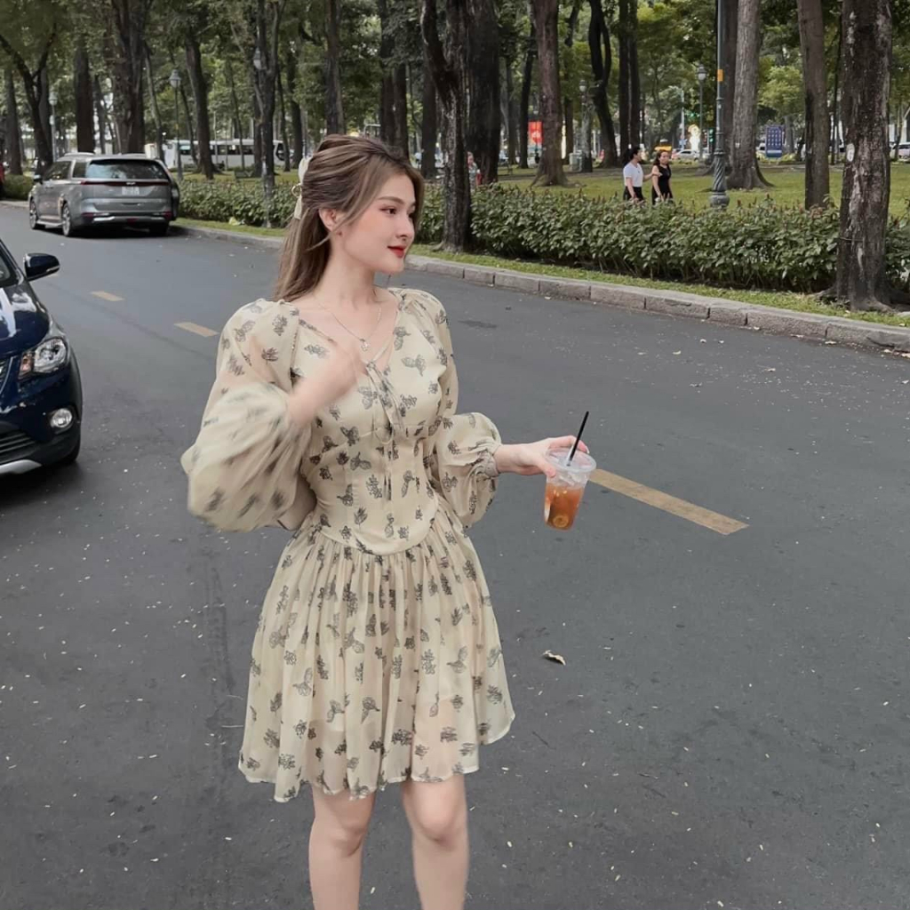 Đầm Xòe Họa Tiết Voan Hoa 2 Lớp Tay Dài Phối Dây Cột (Có Mút Ngực) Thời Trang Nữ Sam Closet Free Size 40-55kg