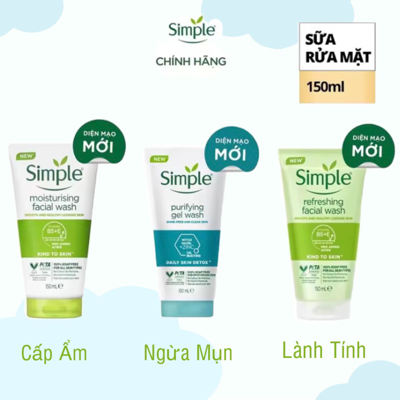 Sữa Rửa Mặt Simple 150ml giúp da sạch thoáng, cấp ẩm và ngừa mụn