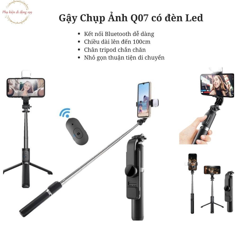 Gậy Chụp Ảnh, tự sướng Selfie Q07 có Led ,Gậy Tripod 3 Chân tiện lợi kèm remote, Xoay 360 kết nối Bluetooth cực dễ dàng