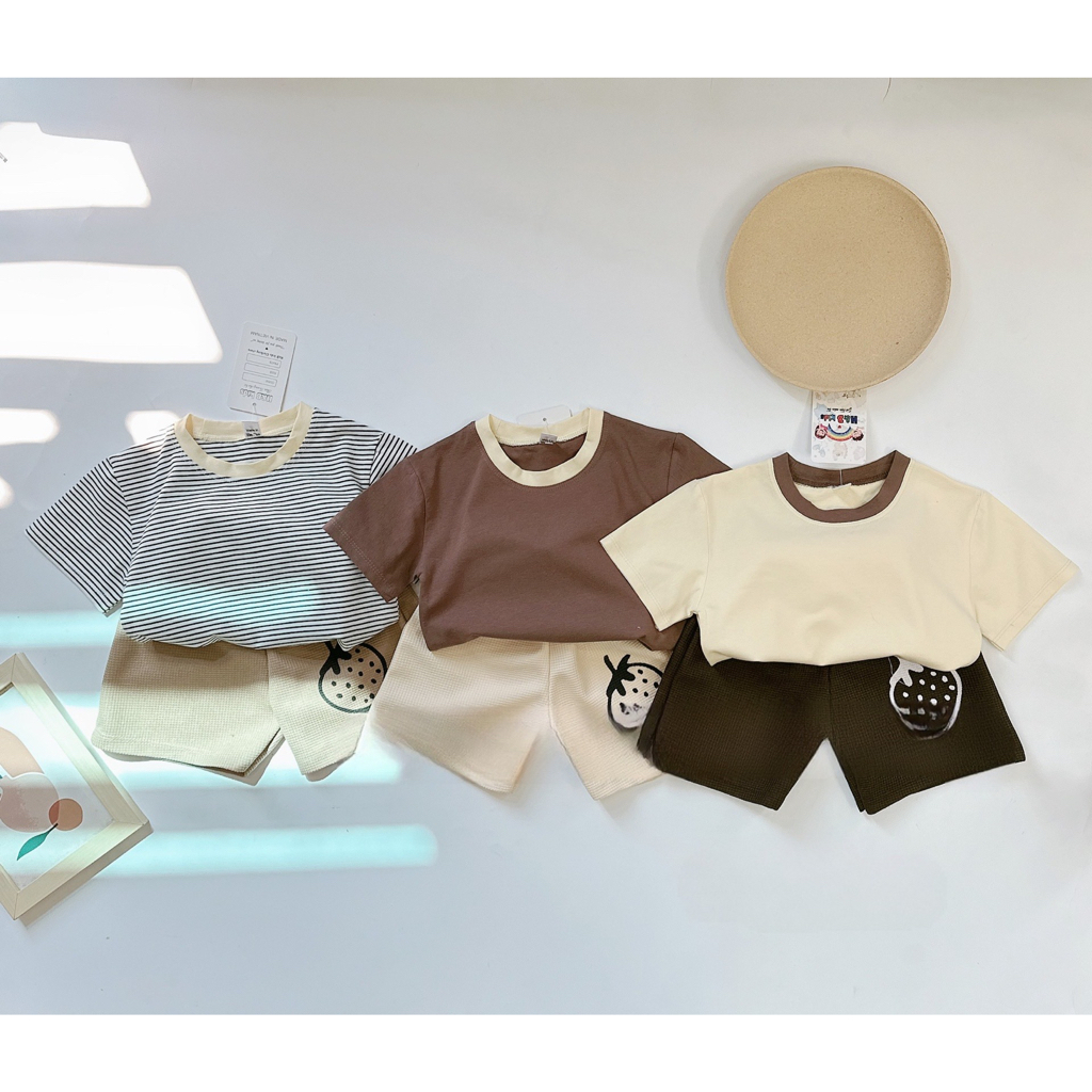 Bộ cotton cổ tròn phong cách Hàn cho bé