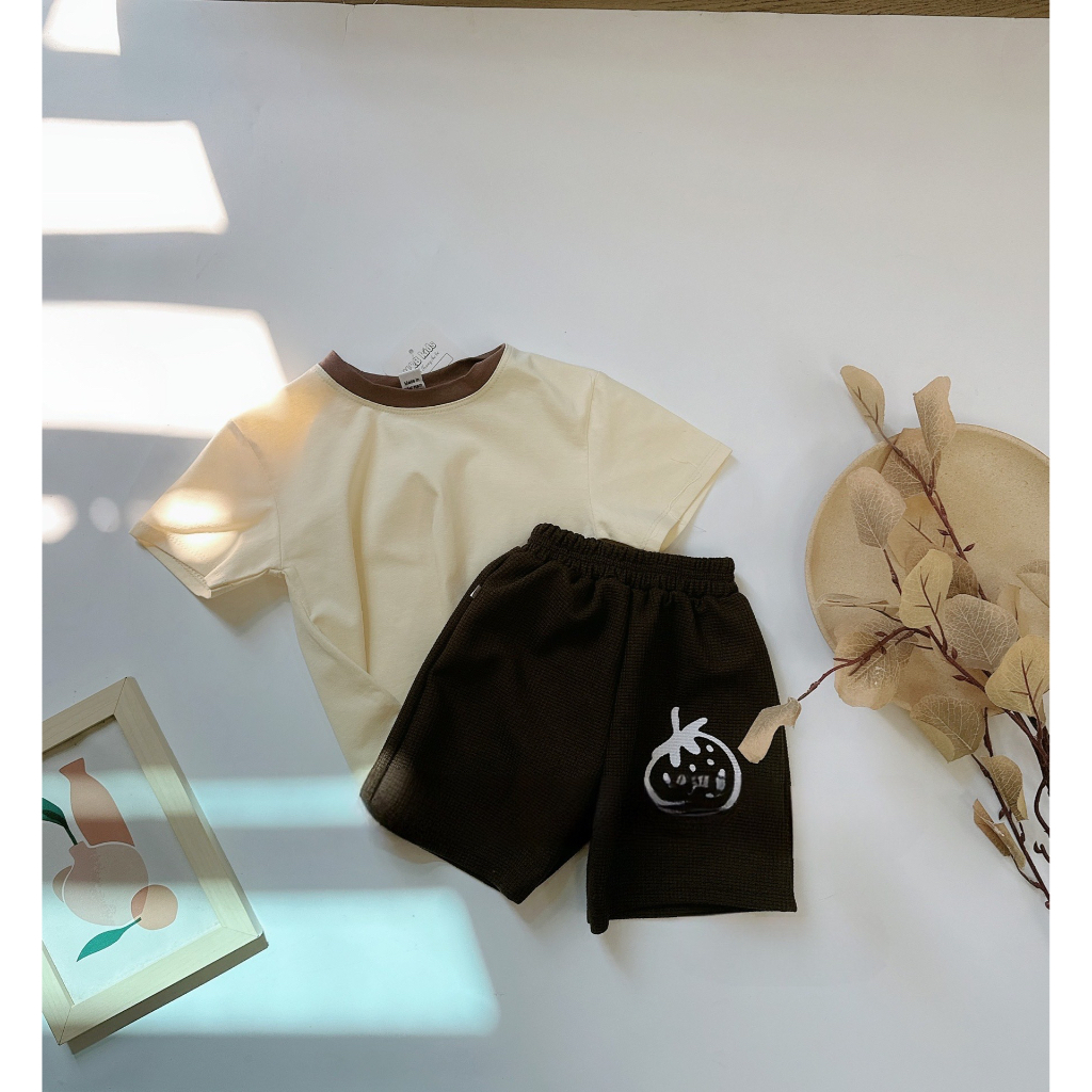 Bộ cotton cổ tròn phong cách Hàn cho bé