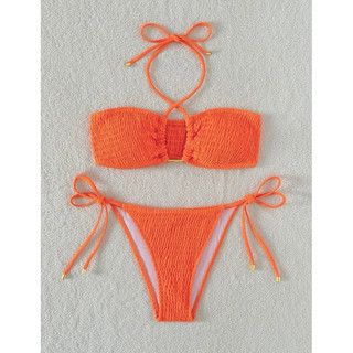 𝒫𝑒𝒶𝒸𝒽𝓎 𝒷𝒾𝓀𝒾𝓃𝒾 - bộ bikini nữ thêu smock màu cam tươi 048