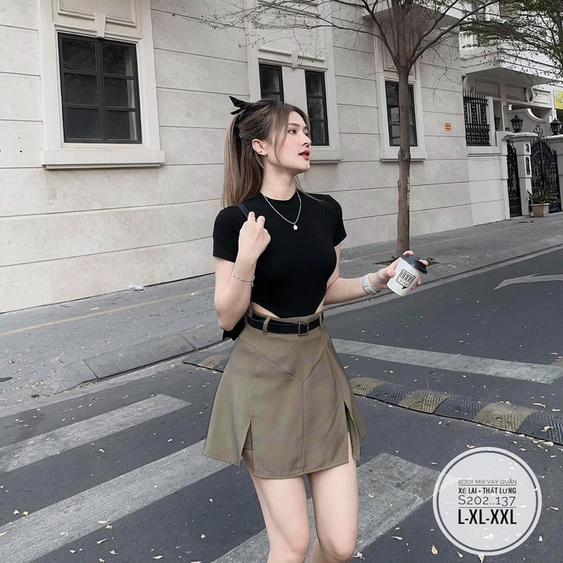 Mèo Mỡ Bigsize — Set bộ áo thun croptop kèm chân váy xẻ tà kèm nịt bigsize 55-95kg