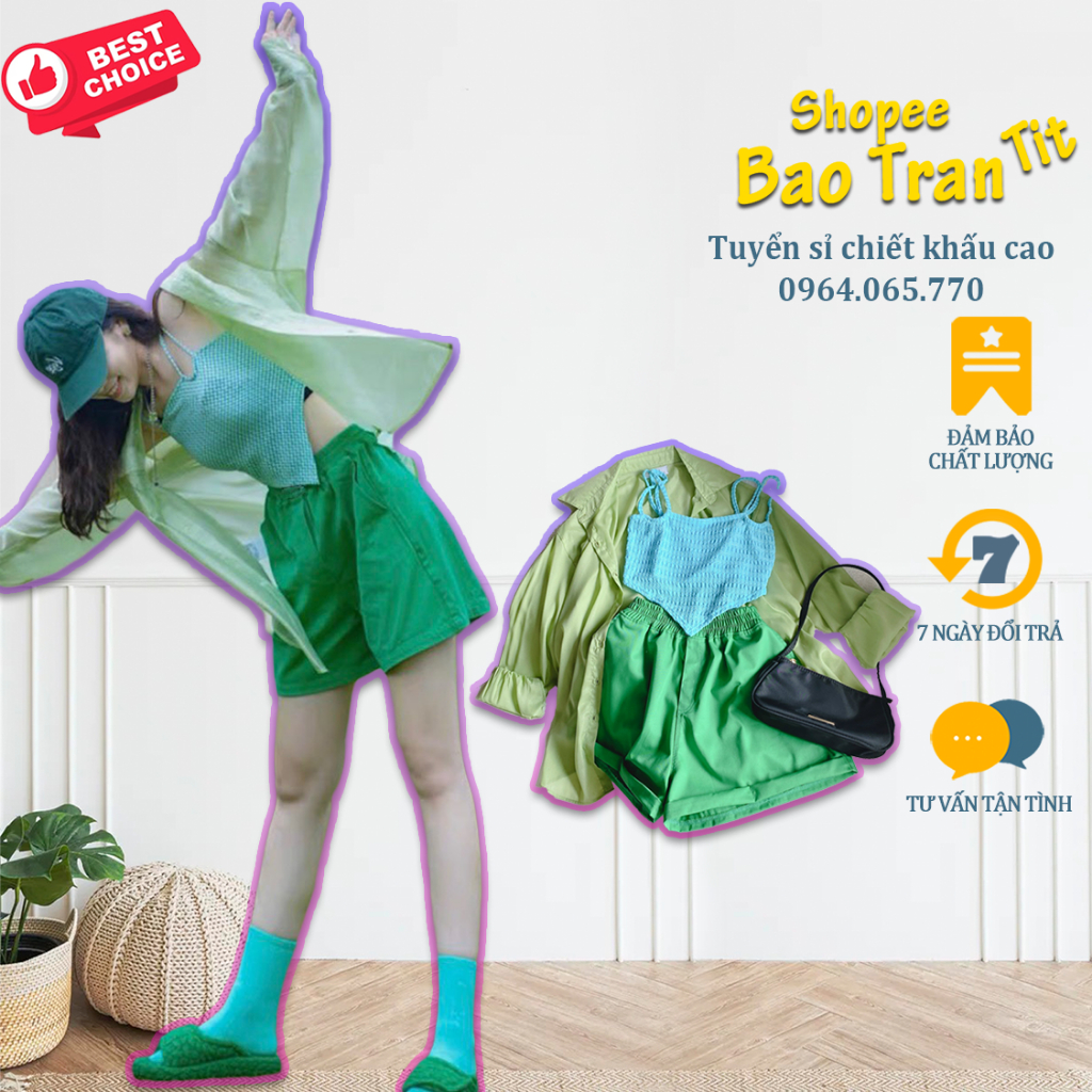 Set sơ mi xanh kèm áo 2 dây short xanh - Kho tuyển sỉ ưu đãi chiết khấu tốt