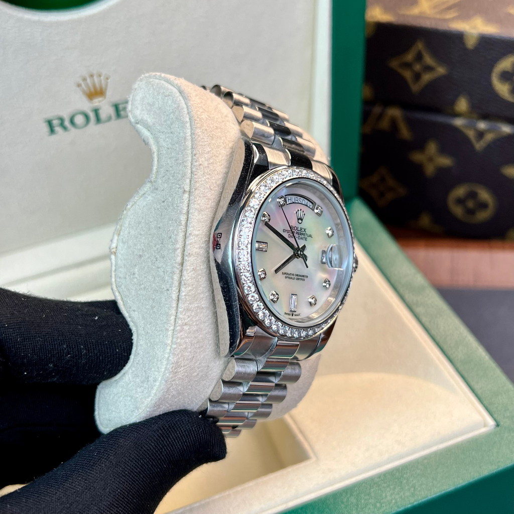 Đồng hồ Nam Rolex máy nhật mặt trắng vành đá mặt khảm trai day date dòng cơ Automatic mặt size 41mm