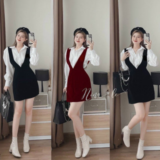 Set jum nữ áo sơ mi kiểu tay dài mix jum váy chữ V xinh xắn dành cho các nàng đi chơi, hẹn hò, đi tiệc cực dễ thương.