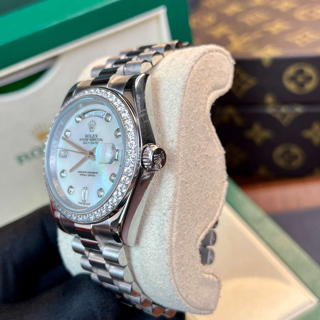 Đồng hồ Nam Rolex máy nhật mặt trắng vành đá mặt khảm trai day date dòng cơ Automatic mặt size 41mm