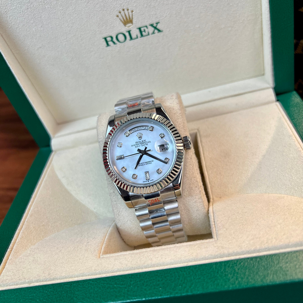 Đồng hồ Nam Rolex máy nhật mặt trắng mặt khảm trai day date dòng cơ Automatic mặt size 41mm