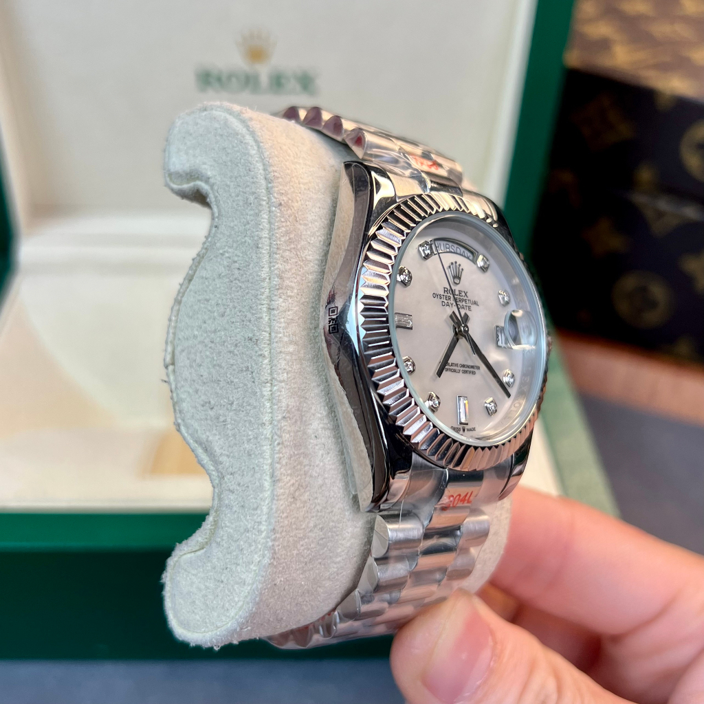 Đồng hồ Nam Rolex máy nhật mặt trắng mặt khảm trai day date dòng cơ Automatic mặt size 41mm