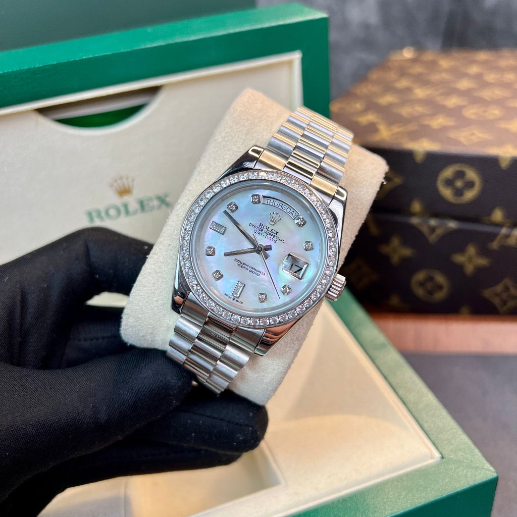 Đồng hồ Nam Rolex máy nhật mặt trắng mặt khảm trai day date dòng cơ Automatic mặt size 41mm
