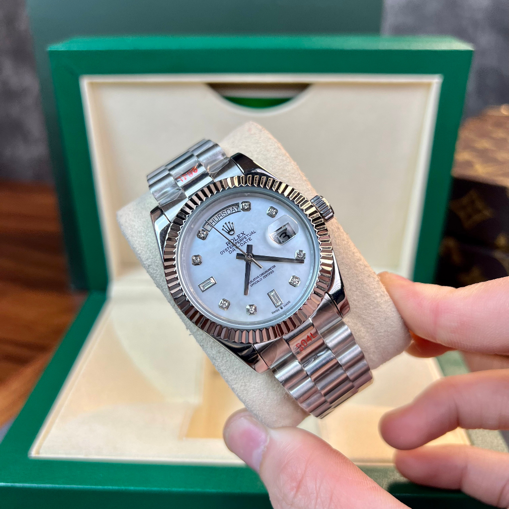 Đồng hồ Nam Rolex máy nhật mặt trắng mặt khảm trai day date dòng cơ Automatic mặt size 41mm