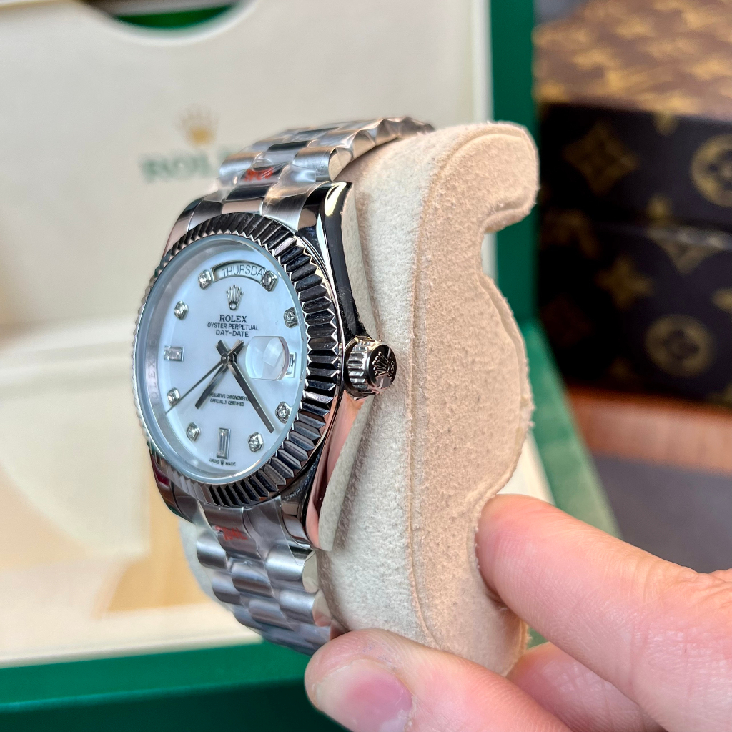 Đồng hồ Nam Rolex máy nhật mặt trắng mặt khảm trai day date dòng cơ Automatic mặt size 41mm