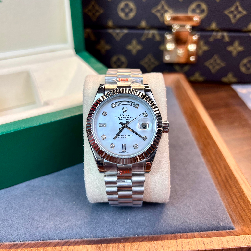 Đồng hồ Nam Rolex máy nhật mặt trắng mặt khảm trai day date dòng cơ Automatic mặt size 41mm
