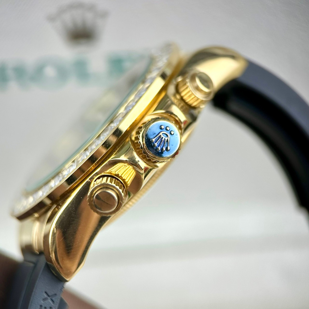 Đồng hồ Nam Rolex dây cao su máy nhật dòng cơ Automatic mặt đá đen vành đá vỏ vàng gold size 40mm
