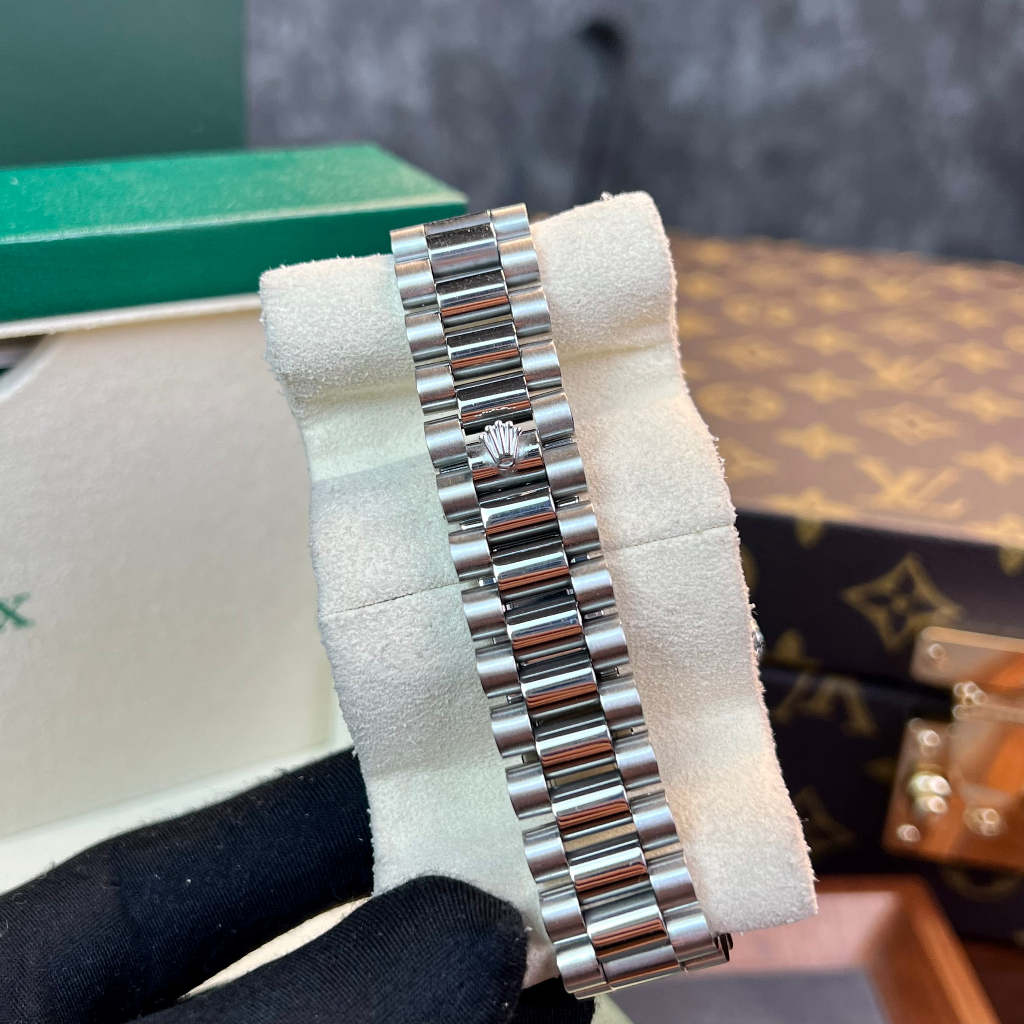 Đồng hồ Nam Rolex máy nhật mặt trắng vành đá mặt khảm trai day date dòng cơ Automatic mặt size 41mm