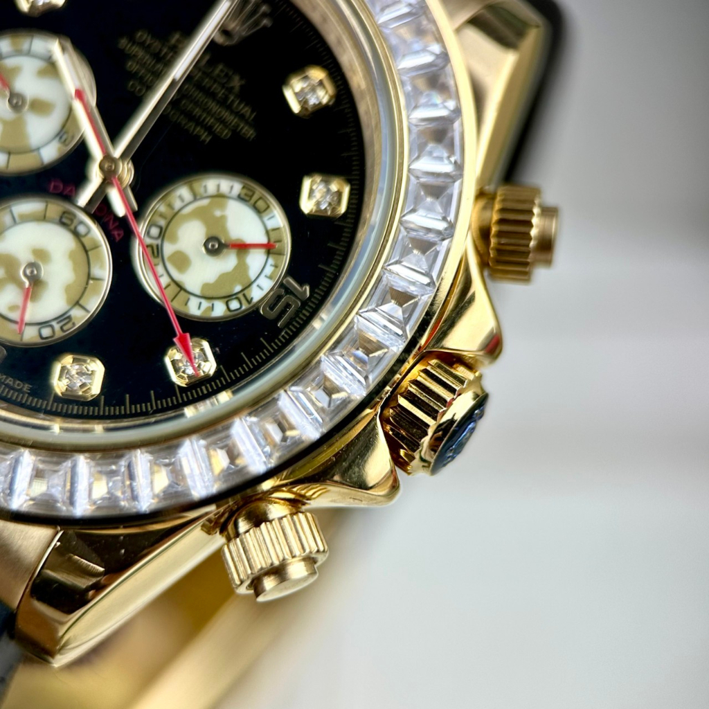 Đồng hồ Nam Rolex dây cao su máy nhật dòng cơ Automatic mặt đá đen vành đá vỏ vàng gold size 40mm
