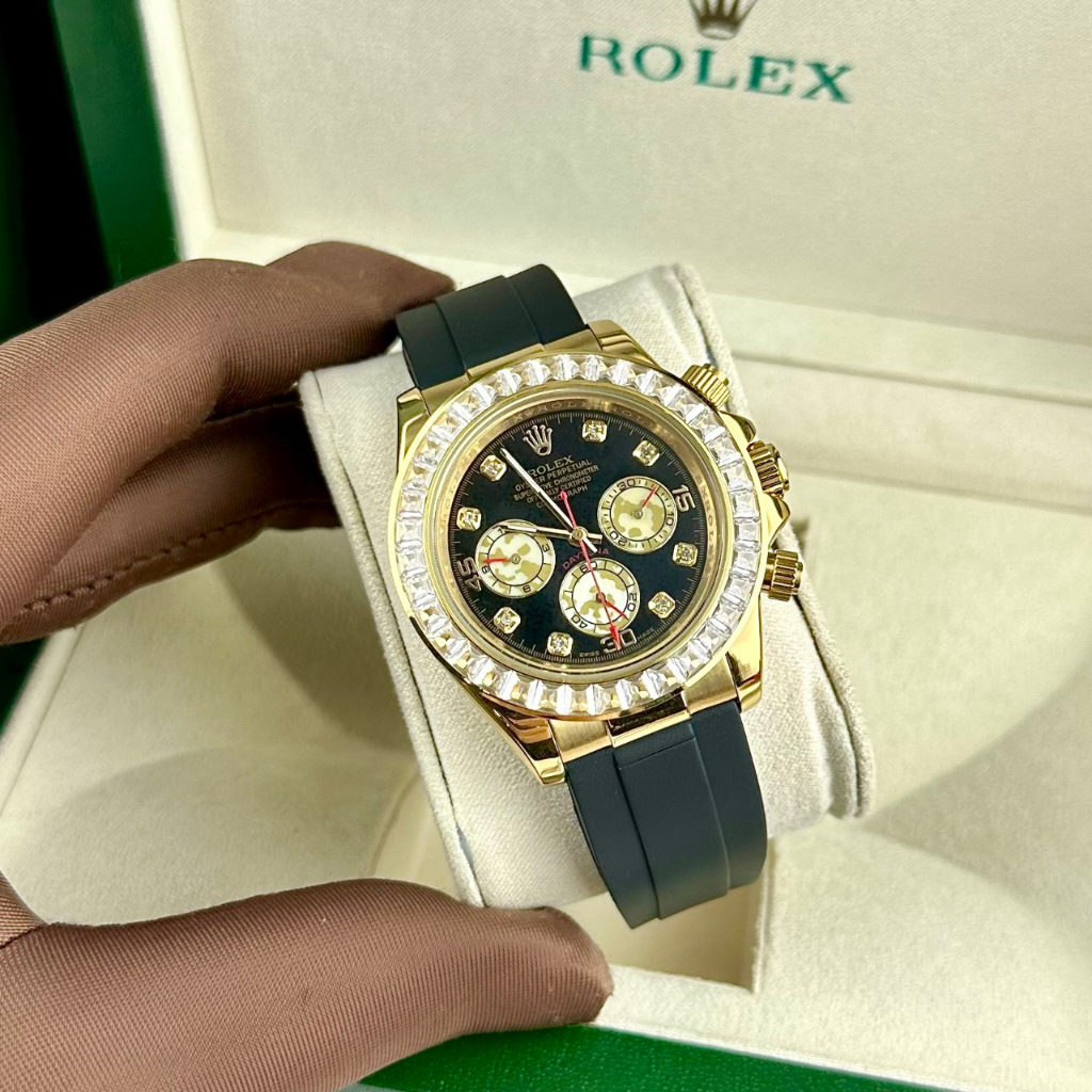 Đồng hồ Nam Rolex dây cao su máy nhật dòng cơ Automatic mặt đá đen vành đá vỏ vàng gold size 40mm