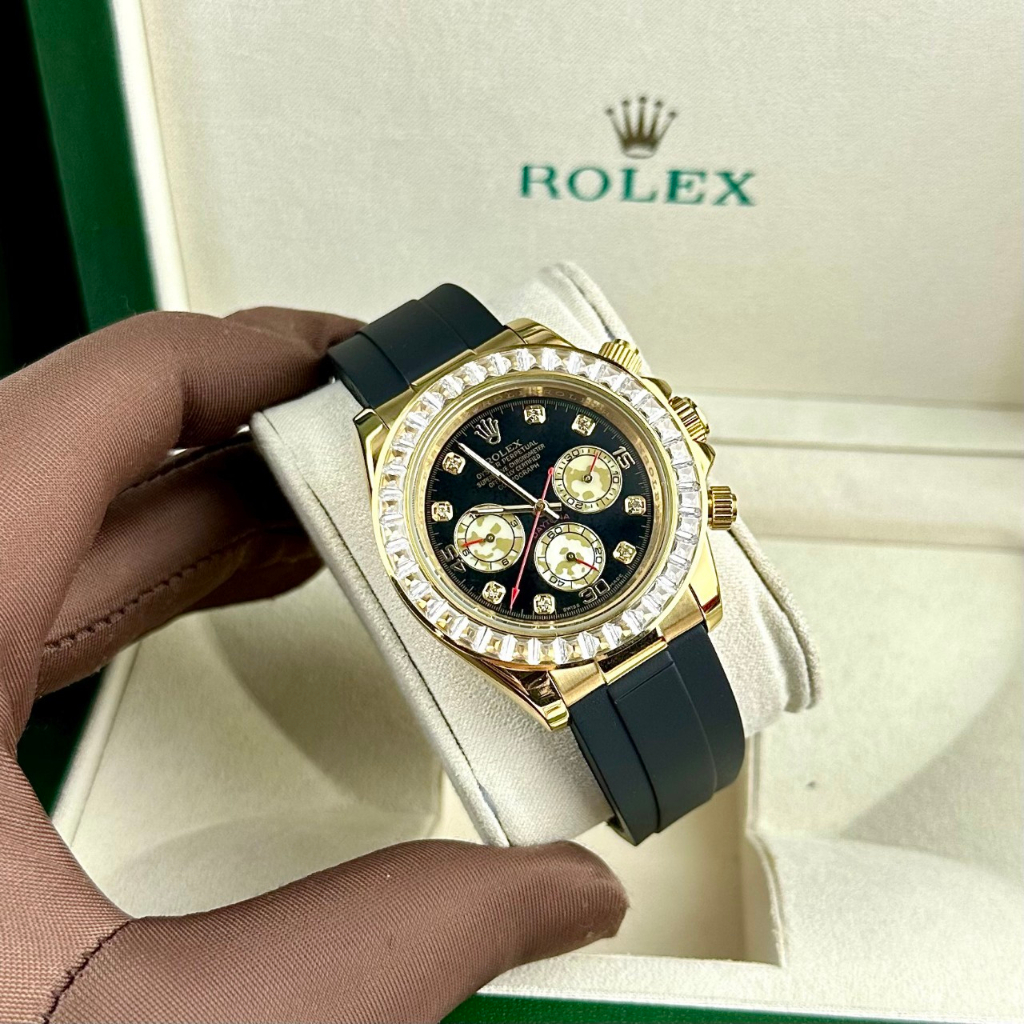 Đồng hồ Nam Rolex dây cao su máy nhật dòng cơ Automatic mặt đá đen vành đá vỏ vàng gold size 40mm
