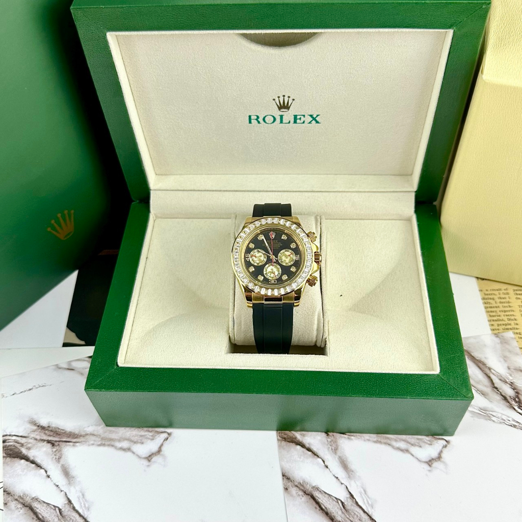 Đồng hồ Nam Rolex dây cao su máy nhật dòng cơ Automatic mặt đá đen vành đá vỏ vàng gold size 40mm